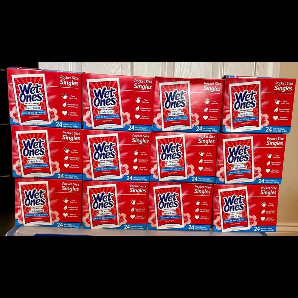 Wet Ones 12 boxes (24/box) individually wrapped.